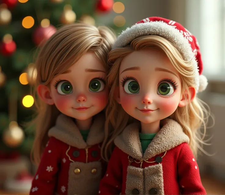  Create a realistic 4k 3D image of the 2 children .  The 2 children are thin with tired eyes.  They are 8 years old and 10 years old have green eyes . big smile.  The girl is blond with fine hair . Add a Christmas theme . 