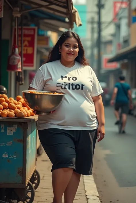  movie poster , full body portrait of young Indonesian woman fat body big gemoy wearing a t-shirt there is the inscription pro editor and pants are standing while carrying a large bowl on the curb,next to her there is a meatball seller 