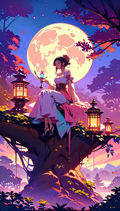 yinji，Romantic ancient style，night，Backlight，A man and a woman sitting on a tree branch，There is a full moon behind，Fresh colors，Soft colors，Diode lamp，Concept art style，Extremely complex details，Clear distinction between light and dark，Structured，Ultra HD...