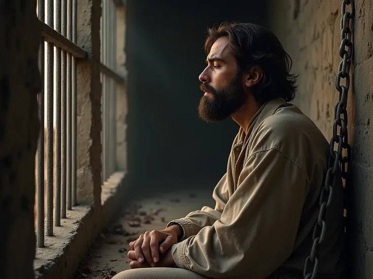 " Joseph leaning against the stone wall of his cell ,  eyes closed and hands resting on the chains, but still maintaining a quiet sense of faith ."