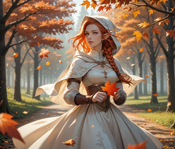 score_9, score_8_up, score_7_up, (masterpiece, UHD, 8K, 16K, ultra detailed), sfw, upperbody shot, 1girl, elf, orange eyes, one side braided hair, ginger hair, holding a red leaf, white dress with hood, intricate details, (murmuring leaves), (wind:1.2), (m...