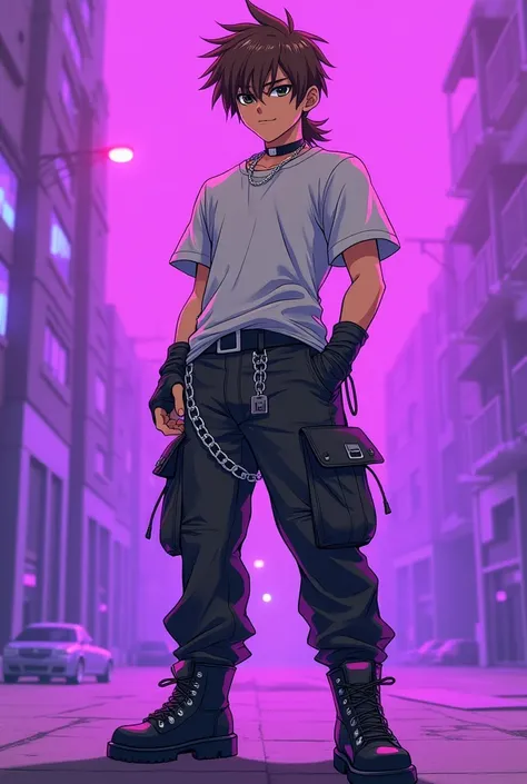 Create anime-style male character with brown hair and a modern mullet haircut dark black eyes with black street-style clothes on a purple background for a YouTube avatar 