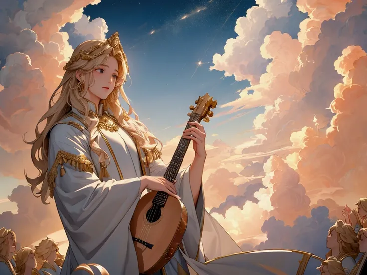 Aerial Wide Shot: "A breathtaking panoramic view of the heavenly sky, glowing with golden light and surrounded by fluffy clouds. Thousands of male angels are present, some playing instruments, others singing in a harmonious choir. The atmosphere is serene ...