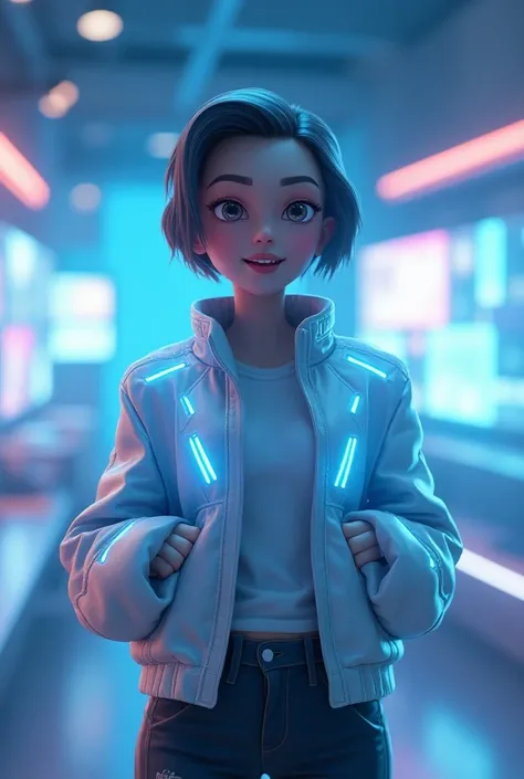  "Create an image of a futuristic AI influencer who appears friendly and engaging. The AI character has a stylish look with sleek silver and neon blue tones, symbolizing advanced technology. Theyre wearing trendy, high-tech clothing, like a smart jacket wi...