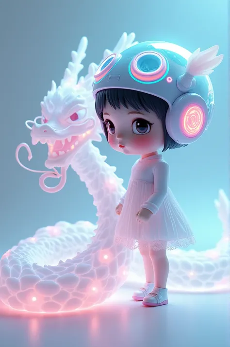 chinesedragon, (blind box toy style:1.2), (Full Body Shot) ,  1 Transparent cute girl,Behind him is a transparent and cute Chinese dragon, Transparent mecha, Exquisite Helmet:1.2, glowing goggles:1.2, Cyberpunk, Dreamy Glow, Luminous neon lamp, clean, whit...