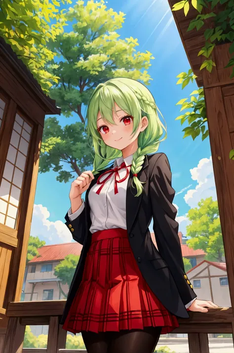 Masterpiece, hdr, bloom, 4k, Anime-style illustration featuring a beautiful female student with light green hair styled in a braid. Red eyes. Small in stature, She is wearing a formal school uniform consisting of a black blazer, white shirt, red neck ribbo...