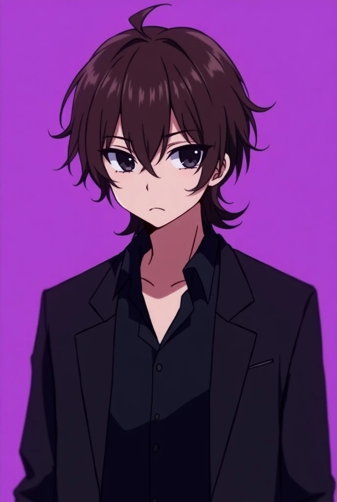 Create anime-style male character with brown hair and a Mullet Cut haircut dark black eyes with more modern black clothes on a purple background for a YouTube avatar 