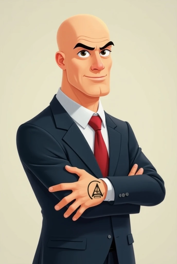 Executive man , no hair, Light skin,  pixar style cartoon ,  full body ,  with approval mark on his hands