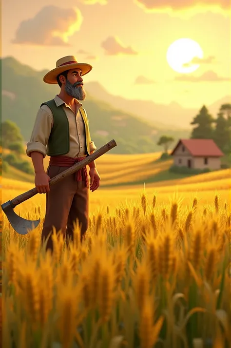 In create animation cartoon 3D stylesImagine the following scene for the front image of the story:

A hardworking farmer is standing tall in a lush, green field, with the golden crops swaying gently in the wind. The sun is setting in the background, castin...