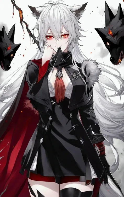 complete falling in inDarkness black hole with fire particles scenario : Lappland from arknights (Wolf lady, white Hair, heterochromia left Red eye and Silver right eye, scar in the middle of the left eye, Bloodborne noble red and black clothing with fur d...