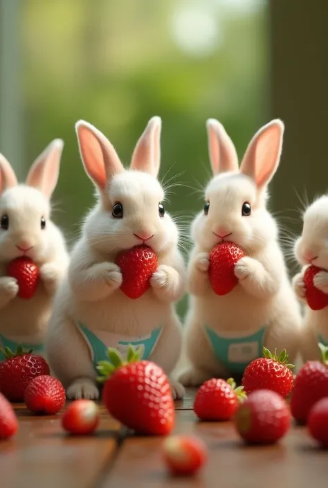 8 Realistic Baby Rabbits Wearing Pampers Disposable Diaper Happy Eating Strawberries