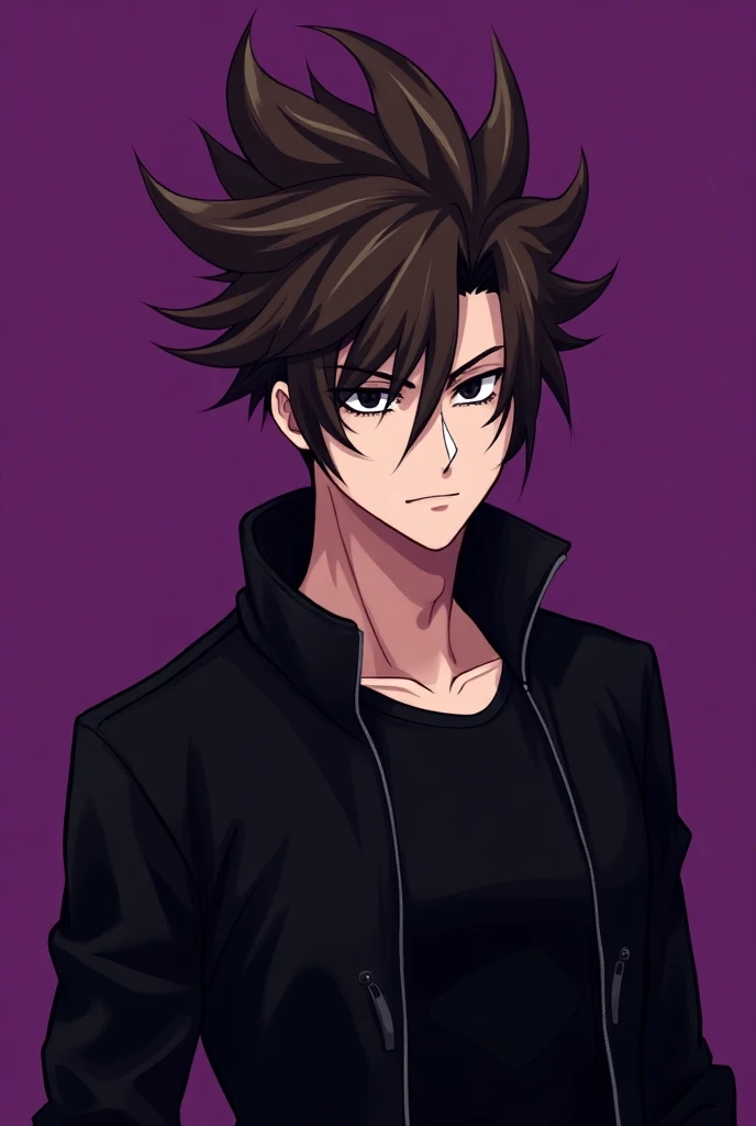 Create anime-style male character with brown hair and a dark mohawk haircut black eyes with more modern black clothes on a purple background for a YouTube avatar 