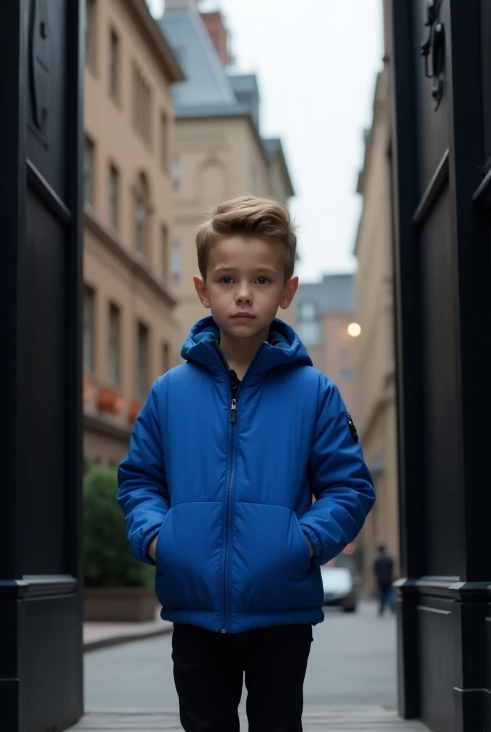 A eleven years boy wearing a blue jacket on a black wainscot and wearing a black pant in background some buildings.