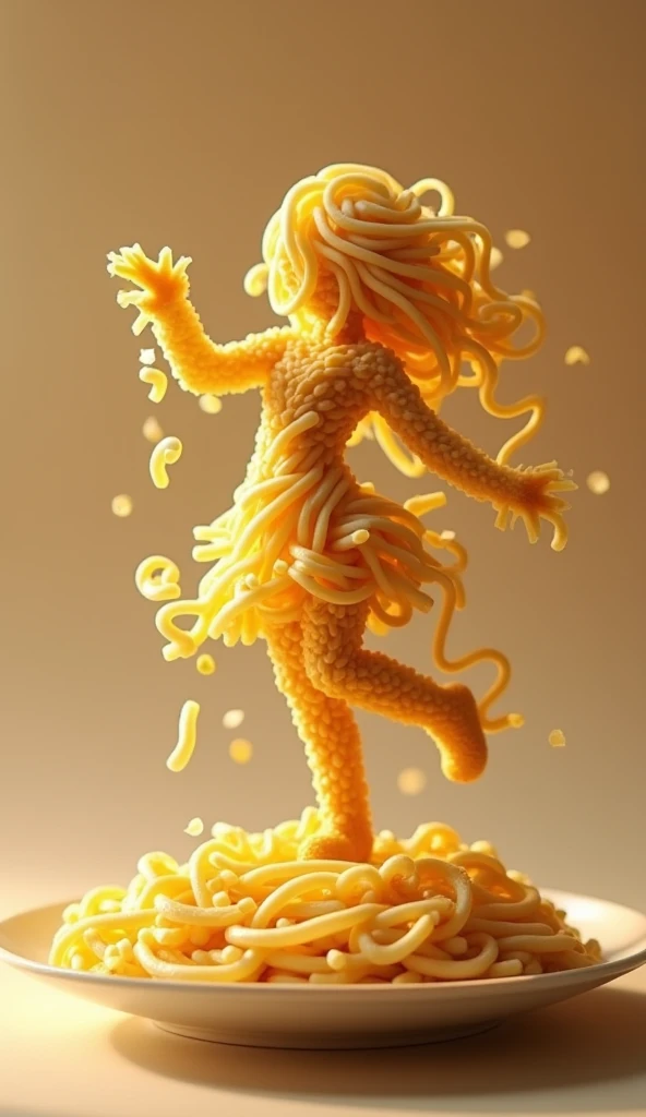 A hyper-realistic, ultra HD 64K image of a creative scene where a playful figure made entirely of noodles is dancing in a feminine shape. The figure is standing atop a large plate filled with noodles, arranged to look abundant and textured. The plate and n...