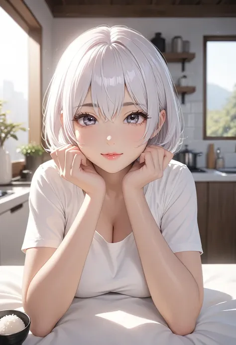 1 japanese girl, from above, ((shiny silver hair)), bob cut, bang between eyes, beautiful hair), (glossy silver eyes:1.5), (beau...