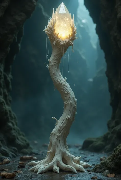 crooked staff, white wood, white wood staff, trunk covered in small crystals, hollow on top, no crystal on top, covered in cobwebs, dungeon, crystals glow, art