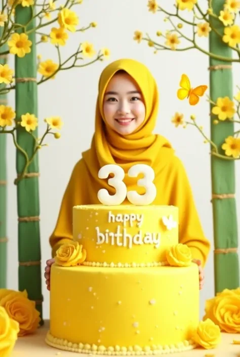 The image is a birthday greeting card with a woman wearing a yellow hijab and beautiful smile. She is standing in front of a large yellow cake with the number 33 on it. The cake is decorated with yellow roses and has the words "Happy Birthday" written on i...