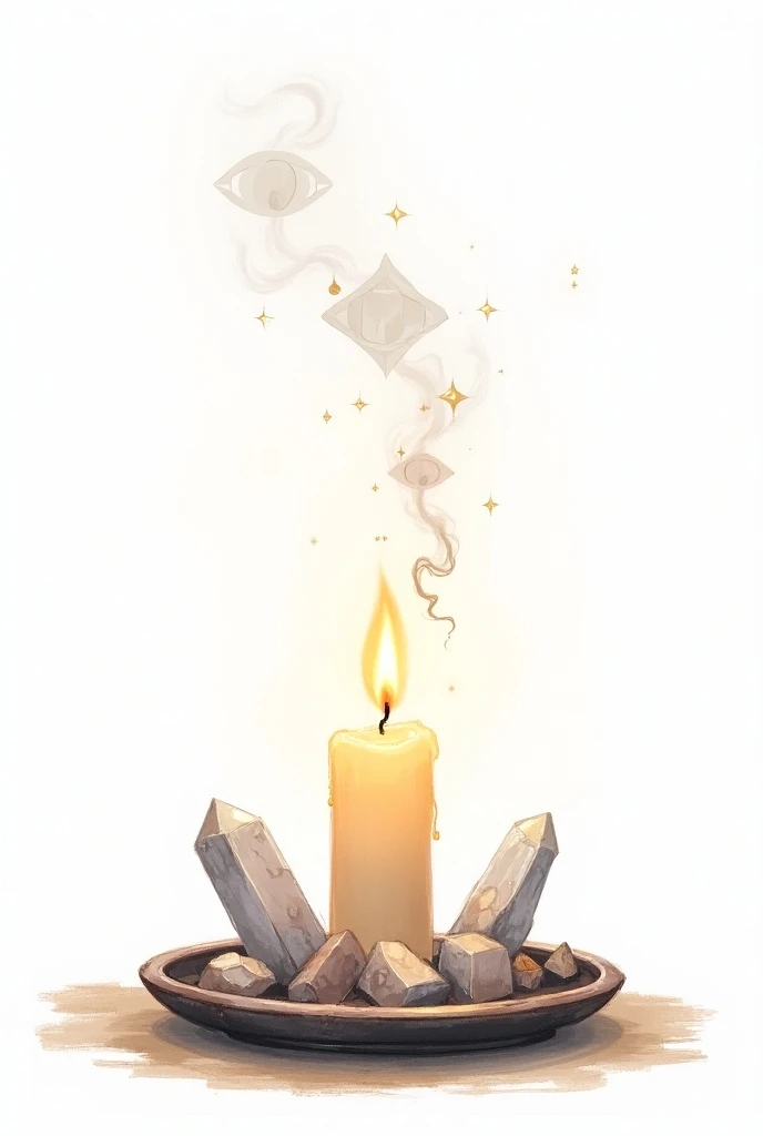 An illustration of a lit candle on a table, surrounded by crystals, with smoke spiraling upwards. Mystical symbols like eyes, stars, and geometric patterns can appear within the smoke or in the background. The candles light should create a sense of calm an...