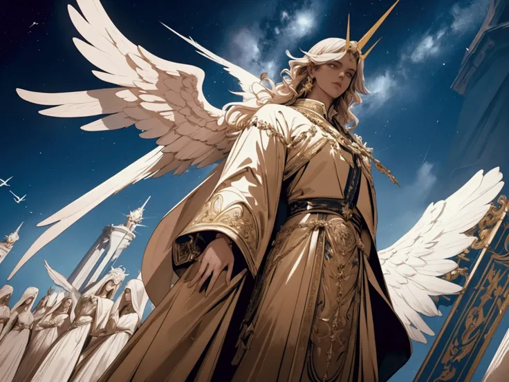 Low Angle: "A low-angle shot highlighting Satan’s grandeur and authority, emphasizing his significant and distinguished position among the angels. His figure shines brightly against the celestial backdrop."