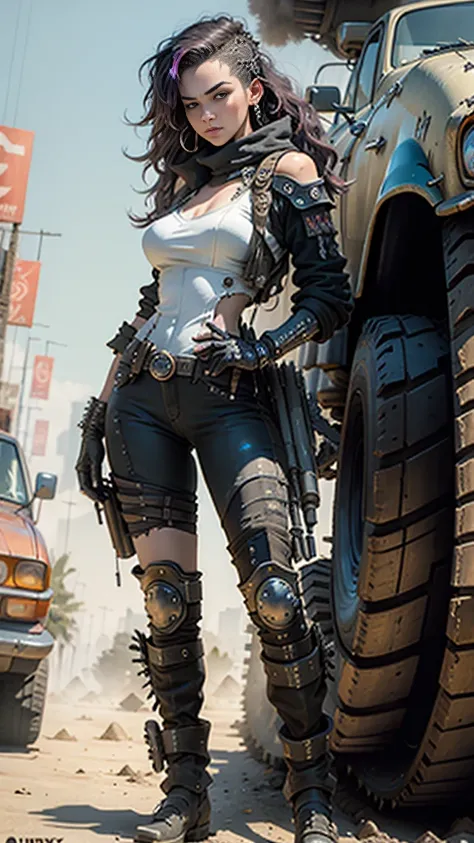 (( The best quality)), (( masterpiece )), ( highly detailed :1.3), 3D, beautiful (cyberpunk:1.3)  Woman with wavy and voluminous hair in modern style.,((with weapons in her hands)), (( (Mad Max futuristic movie-style backdrop )))