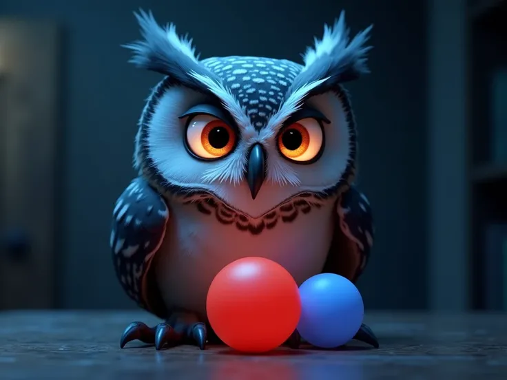 Create a Pixar 3D Disney image of a very robust owl with a calm, serene and serious face she is wise and serious , And an observer he is in a room with a dark tone , Lights reflecting blue white and red ,  has a table in front of him with a ball that is a ...