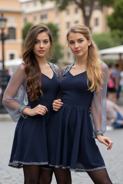  Realistic photo of two beautiful 23-year-old brunettes and blonde women . She is wearing knee-length dark blue and silver cotton dress with transparent tulle lace sleeves,  black pantyhose ,  ponytail .  brown eyes. beautiful figure. The young women are s...