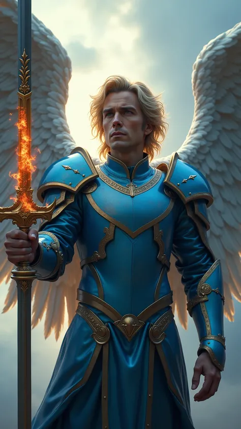 An archangel, miguel,  in a photorealistic 8K .  His armor is a bright blue with details in bright light blue polished gold.  His wings are immense and feathered ,  representation of a deep blue that fades to white at the tips . His expression is serious a...