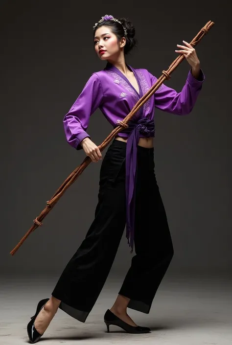  From 0 to  an Asian circus dancer from Ula Ula dressed in a purple shirt and black pants, black shoes with a ula ula in his hand looking forward  