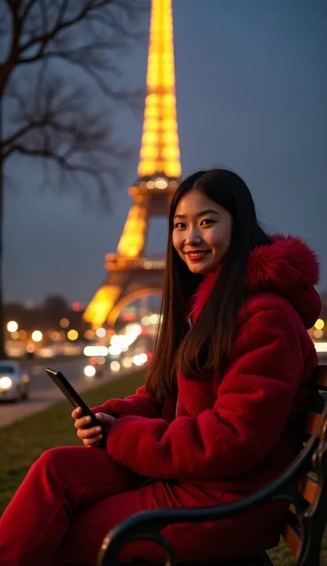  In front of Eiffel tower paris, with night weather , there is a full body of a beautiful young woman with long hair,and a young korean man, Korean soft oval face, sweet smile facing the camera,  wearing a red furry spring jacket, red flat line pants , red...