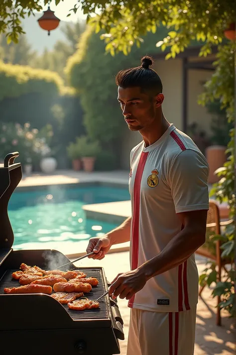 Create a hyper-realistic image of Cristiano Ronaldo wearing his team jersey and barbecuing in a classic vintage style villa garden. The scene should capture the fine details. For example, the expressions on the faces of Ronaldo and the customers, whether i...