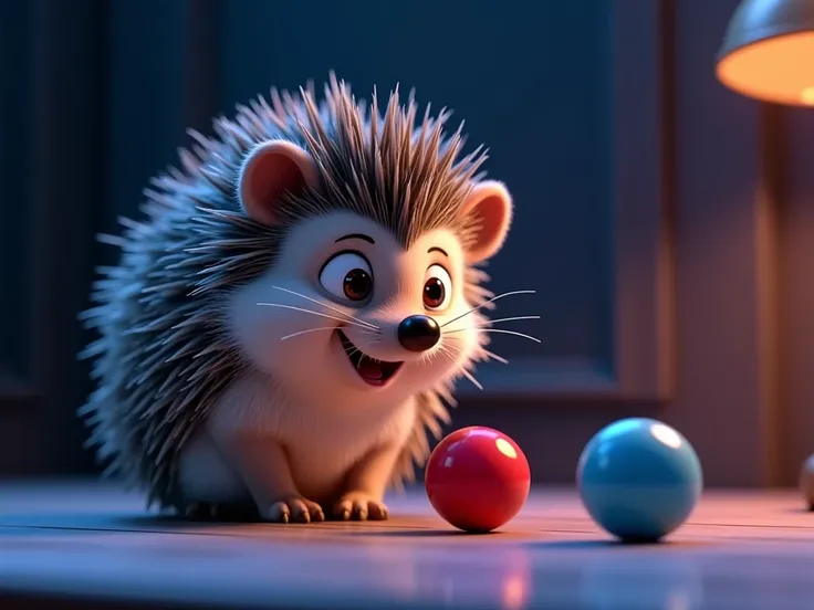 Create a Pixar 3D Disney image of an animal hedgehog ,  cheerful in a self-discovery phase he is in a room with a dark tone , Lights reflecting blue white and red ,  there is a table in front of him with a ball that is a red medicine pulia and a blue one h...