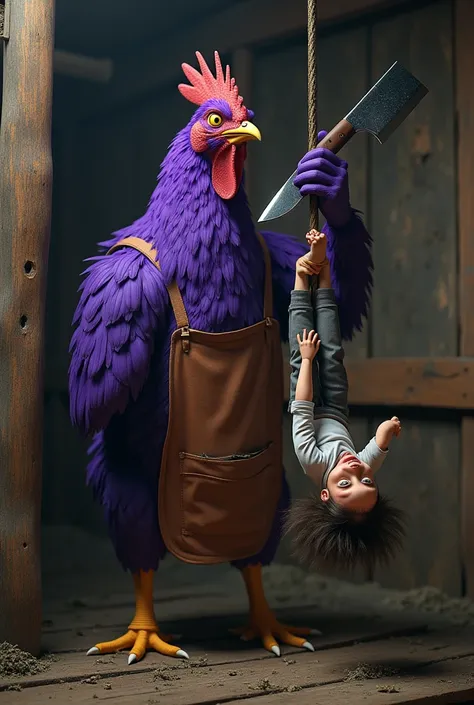 purple chicken wearing butchers apron, holding a cleaver knife and holding a smaller human by ankle, upside down, chicken coop background setting