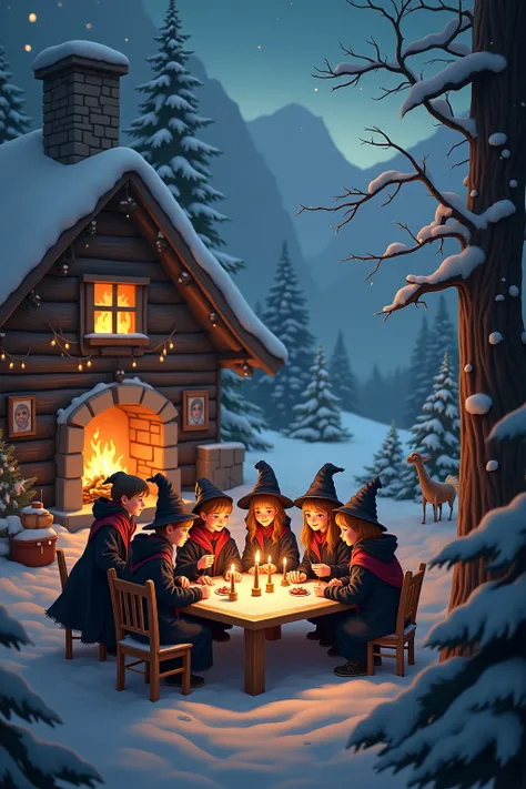 
KIDS ARE HAVING A HARRY POTTER PARTY IN A MOUNTAIN CABIN IN WINTER THERE IS SNOW ALL AROUND