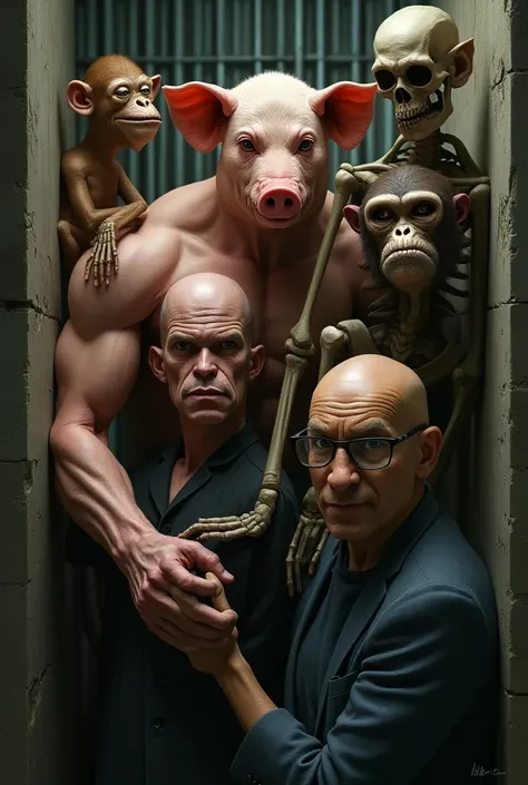 Make me a picture of a:
1- Muscular pig
2- A monkey , 
 3- A skeleton 
4- A bald man with glasses 
Locked up in prison