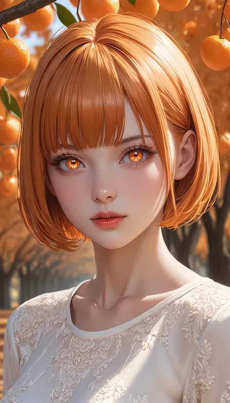 masterpiece,   high definition ,   is anatomically correct , 最 high quality,   high detail ,  high definition model ,   very detailed,   high quality,  Ultra High Definition,   textured skin , Realistic Skin,  orange hair, bowlcut,  bangs between eyes, Han...