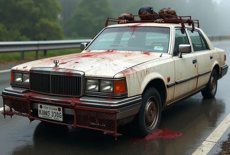  a Toyota Century car in white with blood stains all over its car body,  a large support iron fell on top of his car making a dent ,  a sharp fence was put on the bumper section of the car in order to stab zombies ,  a zombie got stuck in its guardrail ,  ...