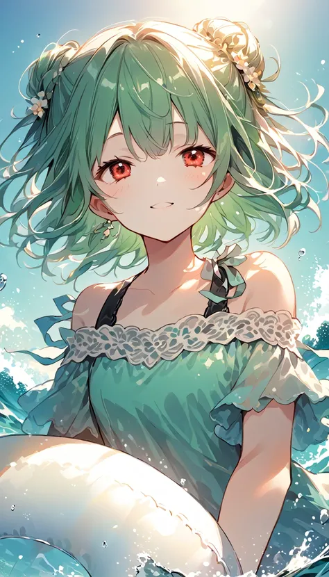 (((Young Girl)))、(( 1 girl)),( Red Eyes),（Short stature）,(Slanted Eyes),(( emerald green hair ))、( bun hair)、Young appearance、(( swimsuit))、In the water、One side of the sea、(((Girl ride on the innertube)))、Vector art、spirit of the wind、Backlight、Bright in ...