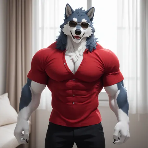 score_9, score_8_up, score_7_up, highly detailed 3d representation of a muscular male wolf in a fursuit, wearing a red shirt, bl...