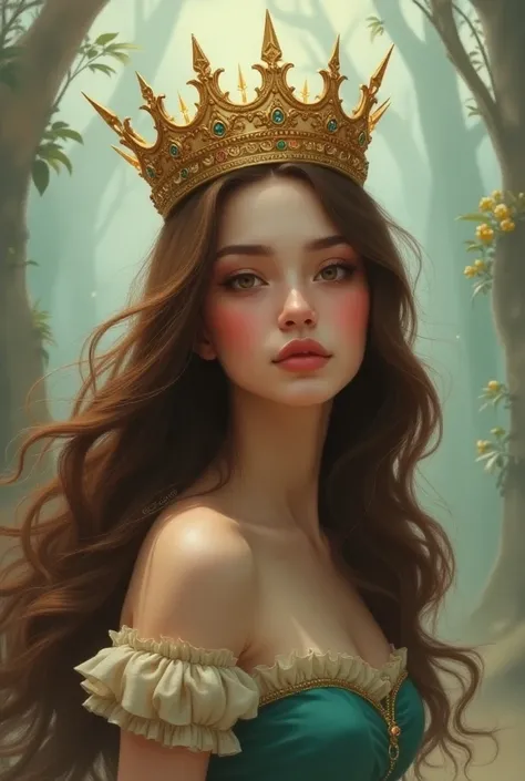 Humpty dumpty woman with long brown hair and crown
