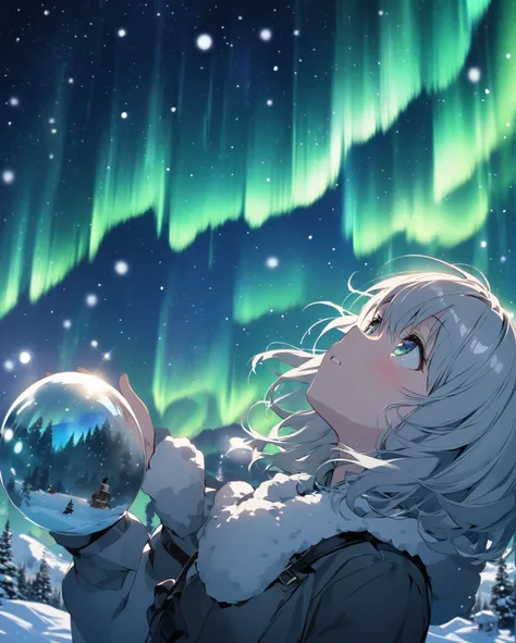  one gray-haired girl looking at the snow globe、 medium hair、 aurora 、 looking up at the sky