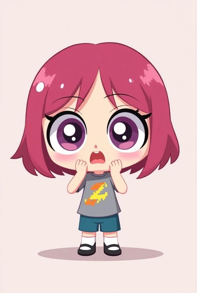 "A character in chibi style ,  inspired by the Powerpuff ,  with short magenta hair and large, expressive eyes with purple irises and white circles.  She displays a surprised expression ,  with her hands raised close to her face ,  in a cute and exaggerate...