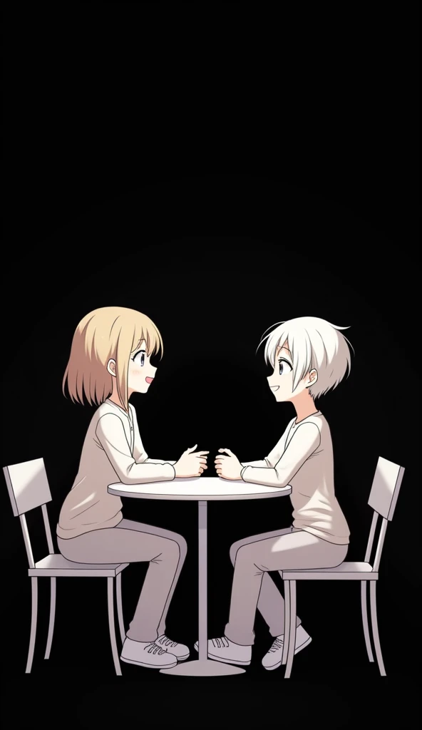 Description: An anime-style figure engages in conversation with another person, mirroring their expressions and body language. Both characters are seated at a café table, and the main character smiles with a look of agreement.
Dialogue: None.
Background: B...