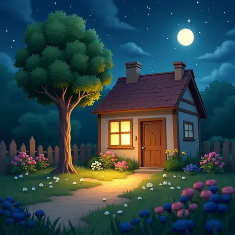  A small house and a tree in front and flowers in front of the house and the moon in the sky, lights burning in the sky, lights burning in the house, an open window