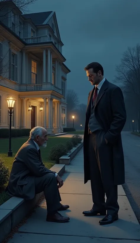 A rich man talking   with an old poor man who is  sitting on sidewalk which has less clothes outside a large mansion night time