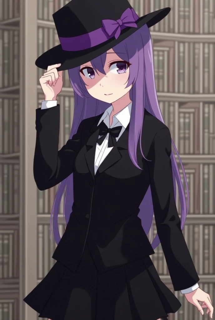 1girl, solo, black hat with purple stripe, black suit, black skirt, bow on hat, bow tie, purple hair, purple eyes, screencap, minimalistic, library on background