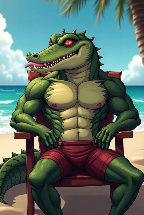 furry,only,anime,crocodile, mens,shy, red eyes,muscle shirt, shirtless ..,She was wearing a tight dark red swimsuit,  Sitting in a chair on the beach , sticking out his tongue and with a lustful look