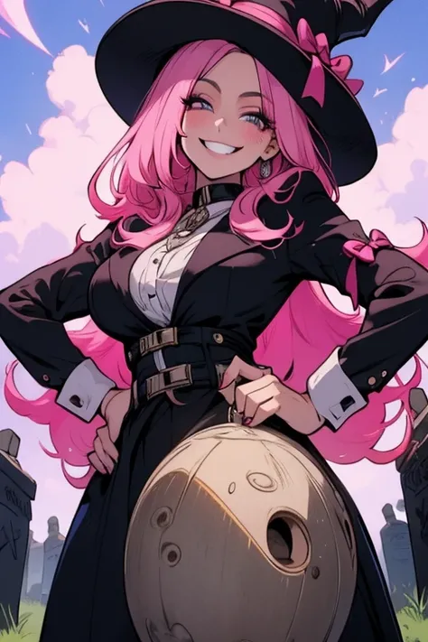 Perfect face. Perfect hand. A pink haired woman with an hourglass figure in a Beetlejuice suit is posing in the cemetery with a big smile