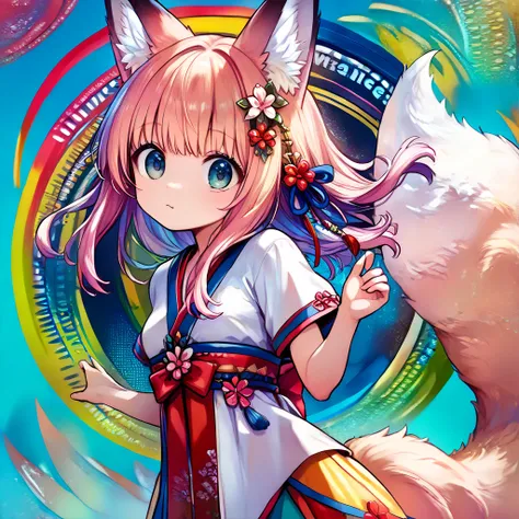 (masterpiece, best quality:1.4), (8k, ultra-detailed, anime style:1.2), cute young girl, big eyes, small nose, detailed hair, , bright and colorful background,flat breasts , (anime:1.3)、(Fluffy fox ears, Fluffy fox Tail, :1.6)