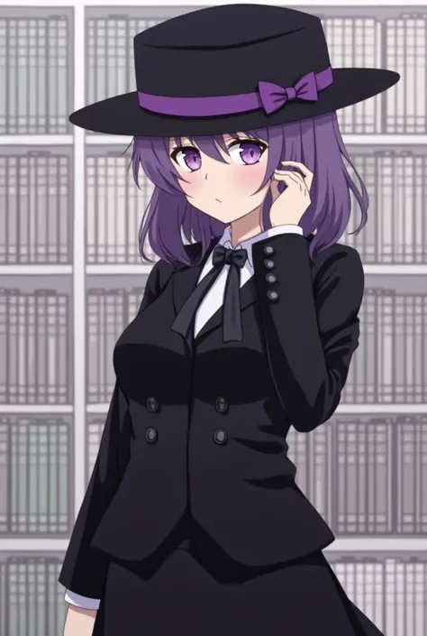 1girl, solo, black hat with purple stripe, black suit, black skirt, bow on hat, bow tie, purple hair, purple eyes, screencap, minimalistic, library on background