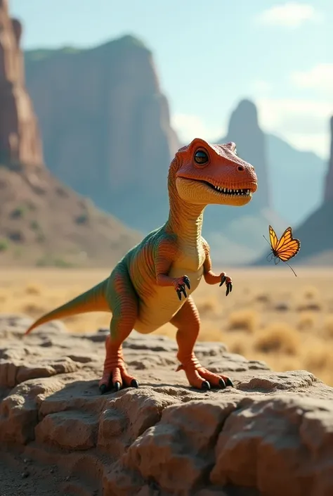 Tiny, realistic T-Rex standing on a rocky ledge, with intricate orange and green scales, looking curious as it watches a butterfly, set against a dry, open plain with rugged mountains in the background.